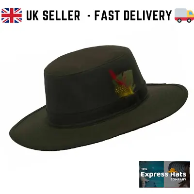 £17.95 • Buy Wax Waterproof Fedora Bush Hat With Feather  - 3 Sizes - FAST DELIVERY UK 🚚💨