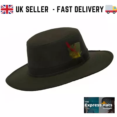 £19.95 • Buy Wax Waterproof Fedora Bush Hat With Feather  - 3 Sizes - FAST DELIVERY UK 🚚💨