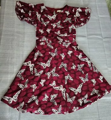 Girls Age 7-8 Yumi Party Dress Fit & Flare Burgundy & Butterflies Occasion  • £7.99