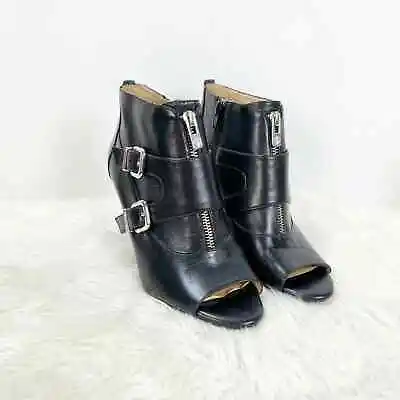 Antonio Melani 7 M Womens Black Leather Double Buckle Peep Toe Ankle Booties • $16