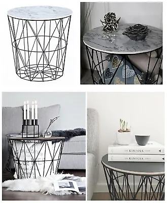 Retro Black Metal Wire White Marble Top Storage Side Table Basket Home Furniture • £18.90