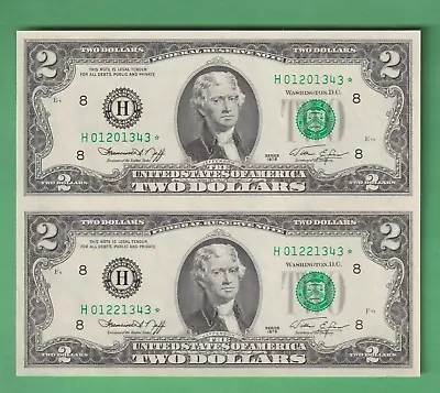 $2 1976H * CU ST. LOUIS STAR Federal Reserve Notes Unusual Pair Two Dollar Bills • $49.70