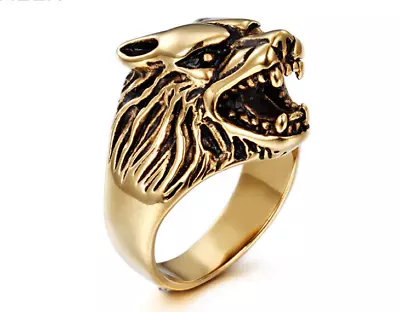$7.13 • Buy Vintage Black Gold Stainless Steel Wolf Head Biker Mens Ring Motorcycle Size8-13