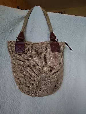 The Sak Crocheted Purse Handbag Shoulder Leather Woven Double Strap Hobo Tan • $15.99