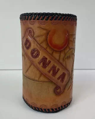 $10 • Buy Donna Personalized Leather Beverage Coozie - Palm Trees Beach
