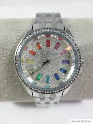 Michael Kors 36mm Pilot Baguette Crystal Glitz Rainbow Silver Watch MK7368 Box • $168.98