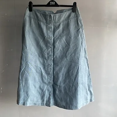 Laura Ashley 100% Linen Midi Skirt - Size 12 - Blue A-Line Pockets  Button Front • £9.99