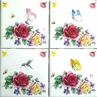 Four Vintage Rose Flower 4.25  X 4.25  Kiln Fired Ceramic Tile Décor Butterfly • $35.50