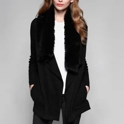 Theory Maritza Rabbit Fur Collar Black 100% Wool Open Front Cardigan Sweater XS • $78.75