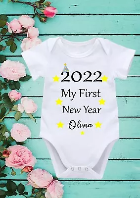 Personalised My First New Year 2022 Baby Short Long Sleeve Vest Rompersuit 405 • £11.99