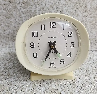 Vintage Westclox Baby Ben Alarm Clock White Beige Trim Wind Up  USA Made - Works • $10.79