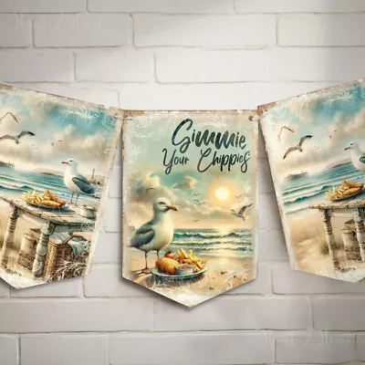 Seagull Beach Bunting With Fish & Chips | Coastal Banner | Beach Bunting • £6.99