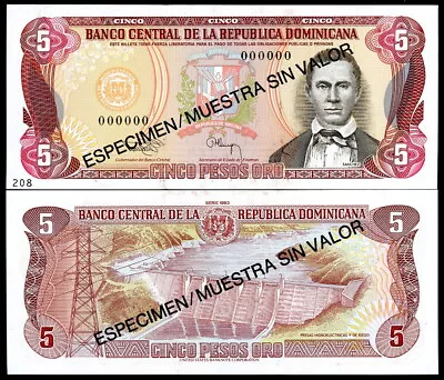 DOMINICAN REPUBLIC 5 Pesos Oro P-143s SPECIMEN 1993 Sanchez At Right UNC! • $22.99