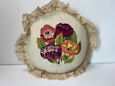 Vintage Crewel Embroidered Round Pillow With Lace • $19.99