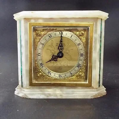 Vintage Elliott White Onyx Mantel Clock - Malachite Inlay • $118.23