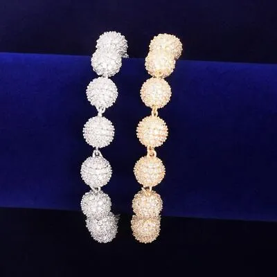 Mens 24k Gold 925 Silver 10mm 3A Micro Pave Ball Round Bead Hip Hop Bracelets • $43