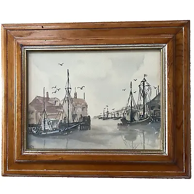 Original Framed Mid-Century Watercolor Painting By HARDIN 1953 - Village Wharf • $74.95