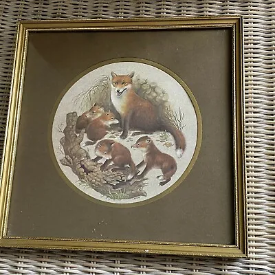 Vintage Mama Fox And Cubs Framed Matted Print Round Signed Lesley • $39.99