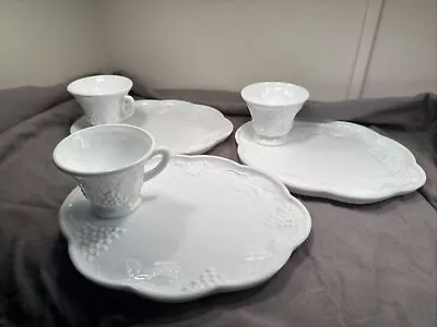 Set Of 3-Indiana Milk Glass Colony Harvest Grape Pattern Snack Plates W/cup • $5