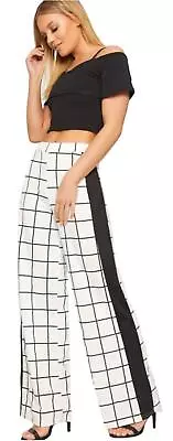 Womens Checked Trousers Black White Side Striped High Waist Pants Evening • £17.49