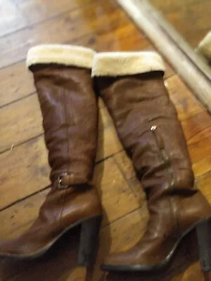 Prada Mui Mui Sheepskin Tan Thigh Leather Boots (4) Stacked Heel. Hardly Worn • £240