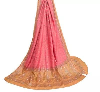 Sushila Vintage Pink 100% Pure Silk Dupatta Hand Beaded  Floral Long Stole Wrap • $26.99