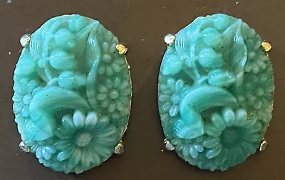 Vintage Green Peking Gold Toned Clip On Earrings Carved Chinese Faux Jade • $28