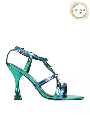 RRP€216 VERSACE JEANS COUTURE Ankle Strap Sandals US7 UK4 EU37 Green Logo Studs • $5.22