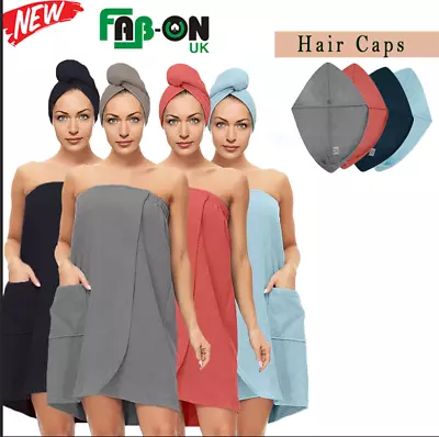 £19.99 • Buy 100% Cotton Terry Towelling Spa Bath Shower Body Towel Wrap With Hair Drying Cap