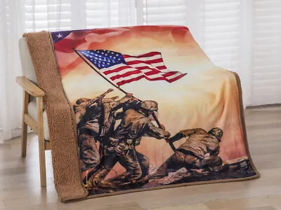 New Iwo Jima Memorial Sherpa Plush Throw Gift Blanket Marines Raising US Flag • $26.95