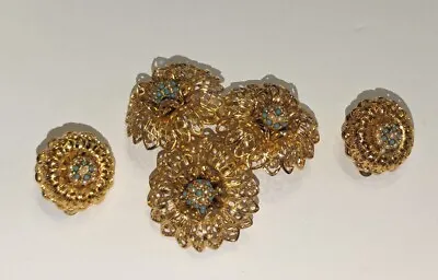 Vtg Gold-tone Floral Filigree Brooch Earrings Turquoise Seed Pearl Imitation Lot • $15