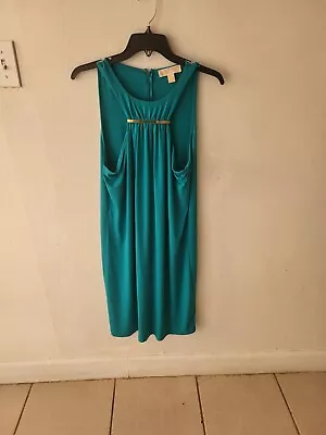 Michael Kors Gold Gathered Front Aqua Sleeveless Dress Size L • $40