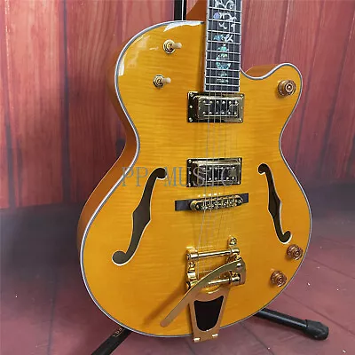 6 String Electric Guitar Yellow Hollow Body Gold Part Black Fretboard Vibrato • $344.10