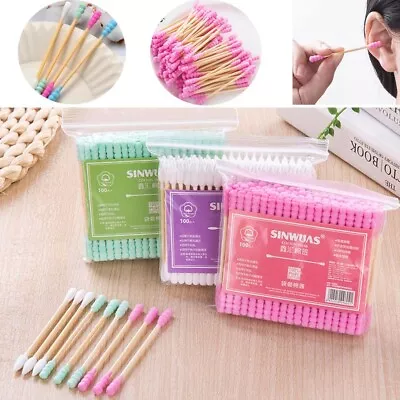 100PCS Cotton Swabs Q-tips Double Tip Wooden Sticks Applicator Ear Clean Tools • £2.15