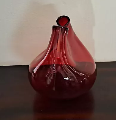 Blenko Ruby Red Vase Cranberry Pinched Glass Hand Blown Heart Twin Stem Bischoff • £24