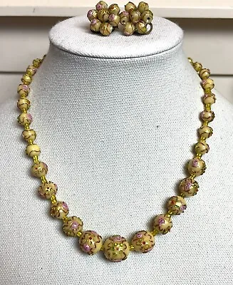 Vintage Gold Foil Venetian Murano Wedding Cake Yellow Bead Necklace Earrings Set • $79