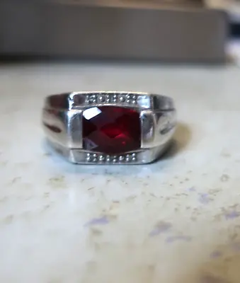 Red Ruby & Diamonds Mens Art Deco Vintage Signed Band Engagement Ring Size 11.75 • $325