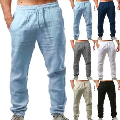 Mens Casual Sports Cotton Linen Pants Casual Loose Drawstring Yoga Trousers Hot • £10.79