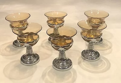 6 MCM Cambridge Farberware Chrome Amber Liquor Cocktail 4.25” Glass • $52