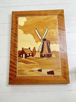 Vintage 1978 Marquetry Wood Inlay Picture Dutch Country Windmills Signed • $45.50