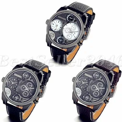 Men's Military Dual Time Zone Big Dial Leather Band Quartz Analog Wrist Watch • $17.99