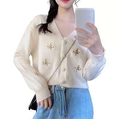 Cardigan Sweater Korean Style Cold Resistant Autumn Winter Embroidery Floral • $29.21