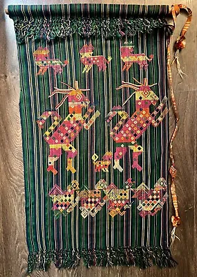 Embroidered Mexican Textile Art Of Masked Dancers With Fine Details Hanging Rod • $99