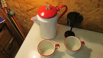 Vintage Red & White Enamelware Stove Top Coffee Pot & 2 Cups • $49