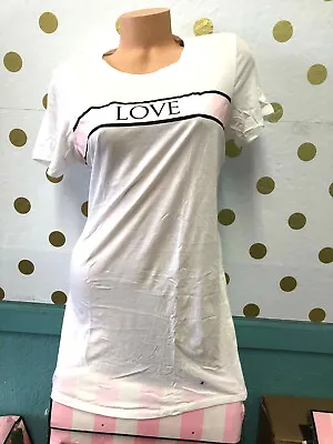 Victoria's Secret LOVE Sleep Tee Pajama Shirt Top Gown Pink Logo White M NWT • $19.99