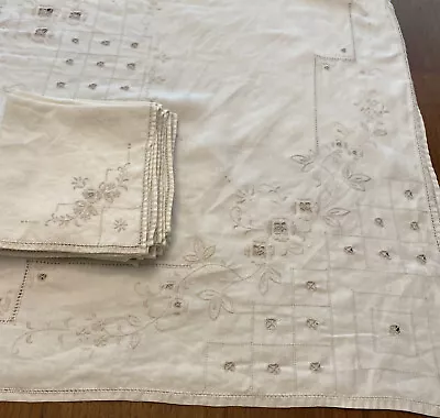 Vintage Madeira Tablecloth & 12 Napkin Set Hand Embroidery Drawn Work • $57