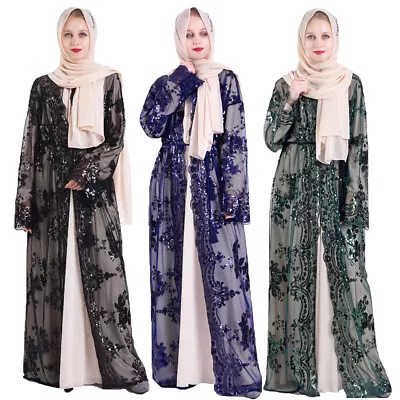 Islamic Sequin Open Abaya Maxi Dress Women Muslim Lightweight Cardigan Kaftan • £29.60