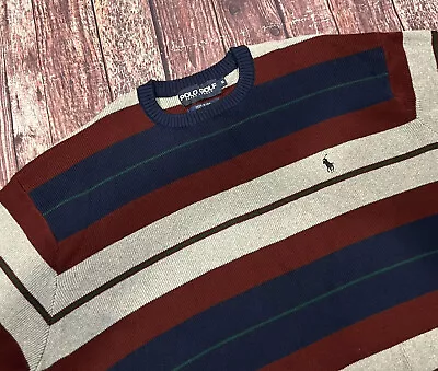 VTG Polo Golf Ralph Lauren Colorblock Knit Stripe Crew Sweater Red Gray Blue XL • $29.99