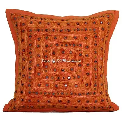 Bohemian Embroidered Lace Cotton Scatter Cushion Cover Indian Mirrored Pillow • £13.27