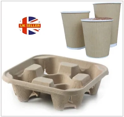 4 Cup Carry Trays Takeaway Cup Holders Cardboard Biodegradable Tea Coffee Events • £5.99